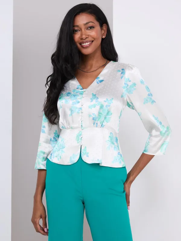 Floral Print Satin Button-Front Peplum Blouse sold by Suzy Shier