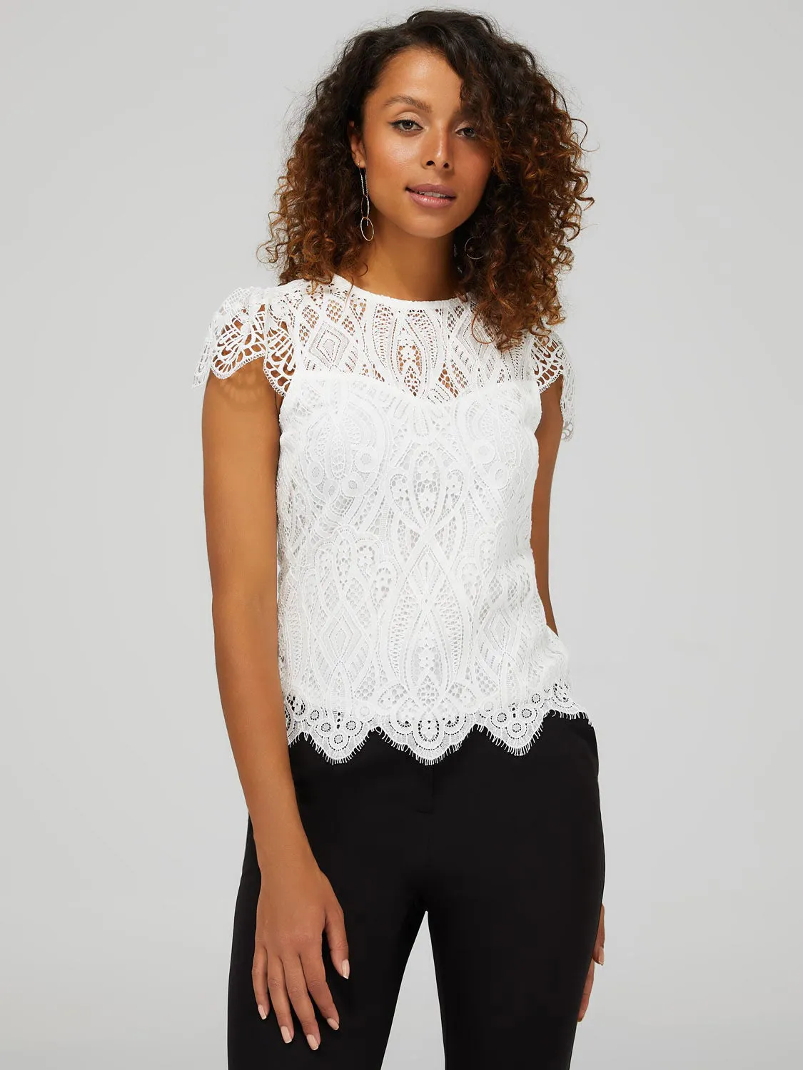 Lace Crew Neck Top With Scalloped Cap Sleeves sold by Suzy Shier product image thumbnail 3