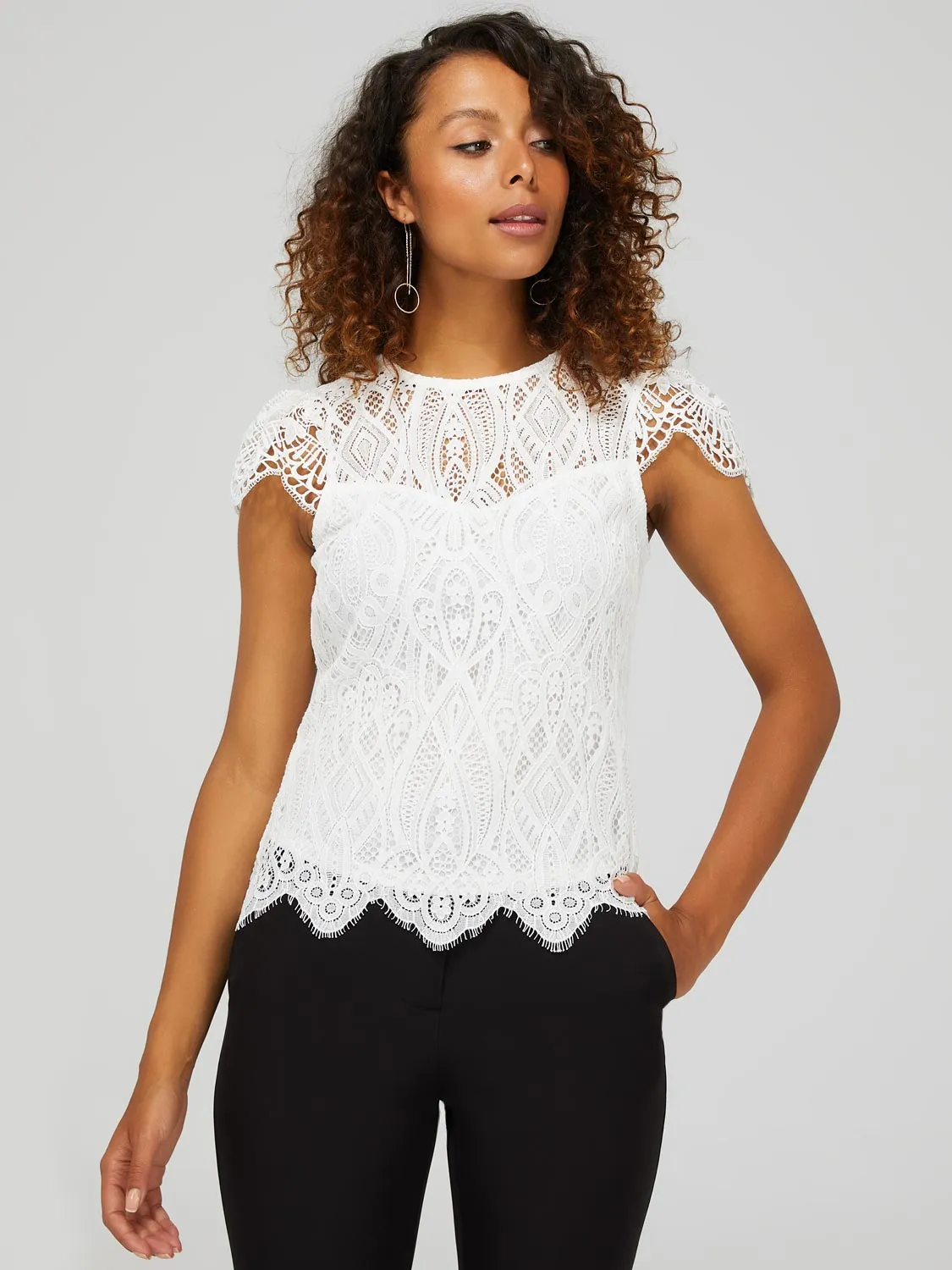 Lace Crew Neck Top With Scalloped Cap Sleeves sold by Suzy Shier