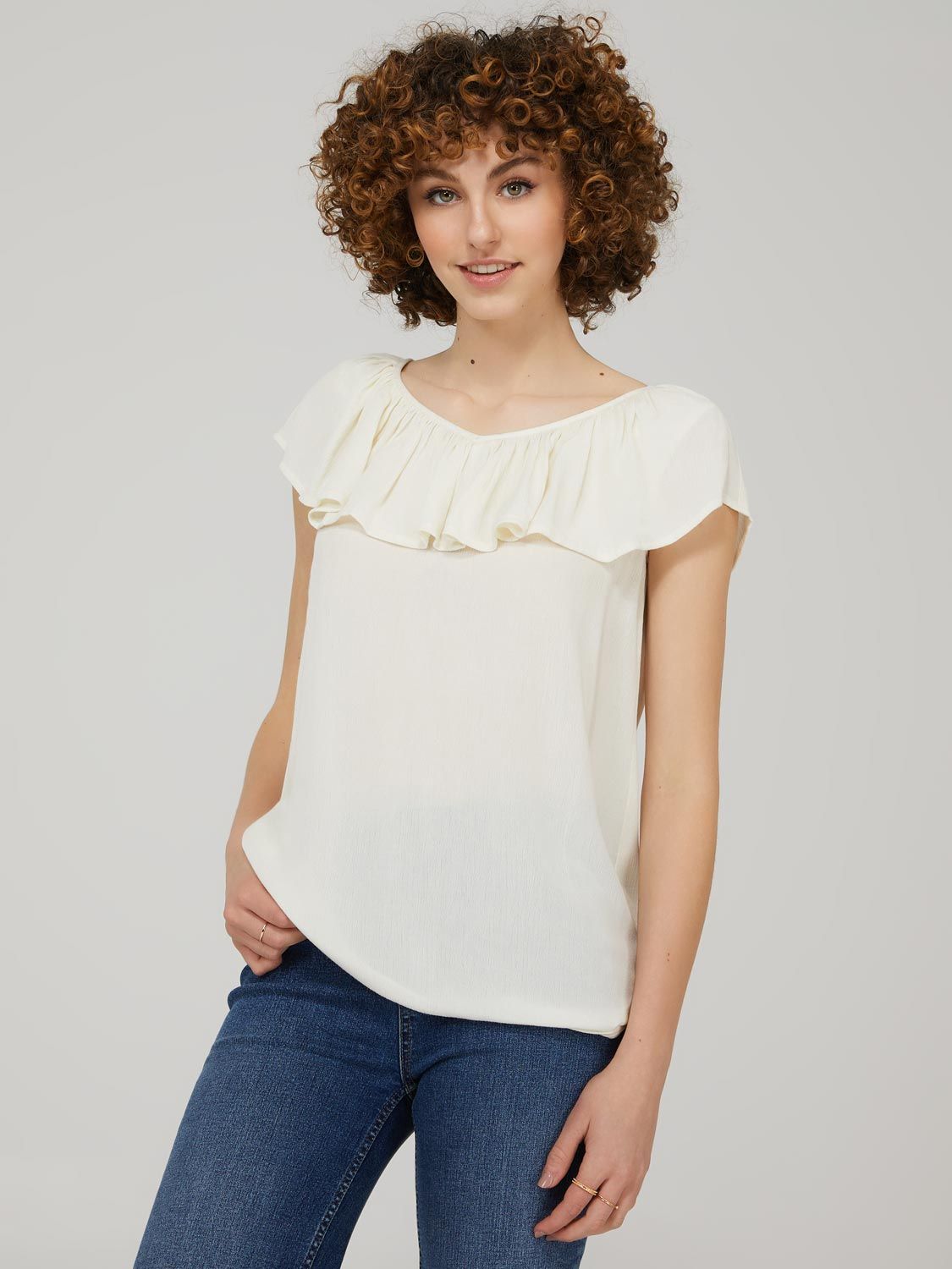Ruffle Neckline Sleeveless Top sold by Suzy Shier