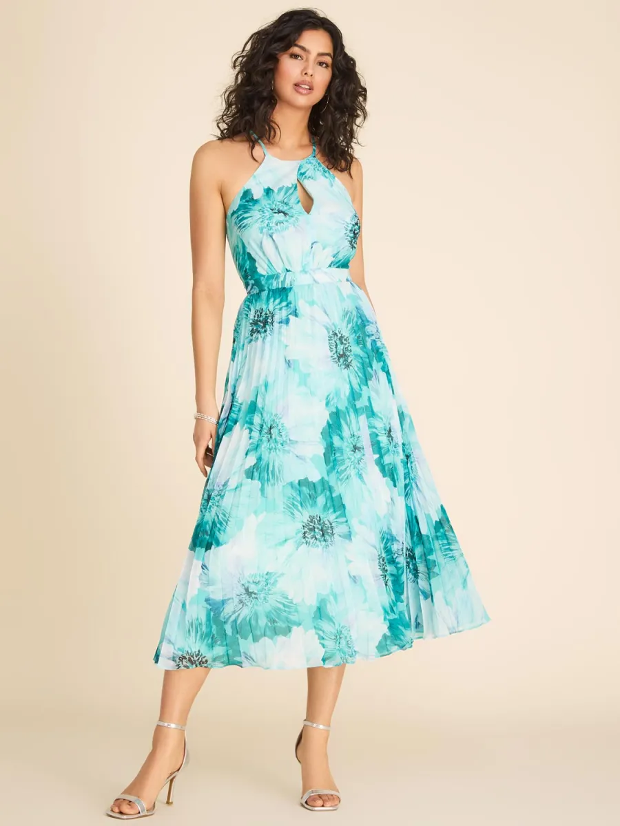 Chiffon Tea-length Pleated Dress with Floral Waist Detail Stormy