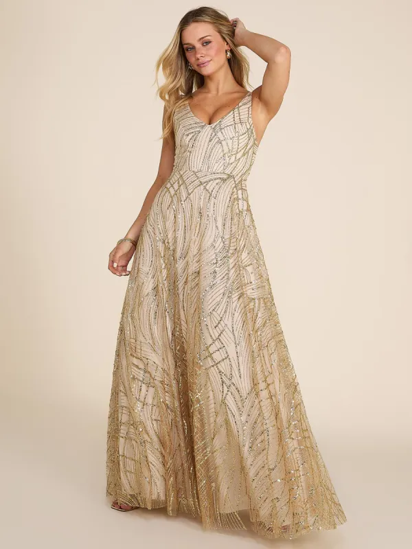 V-Neck Allover Sparkle On Mesh Ball Gown sold by Suzy Shier