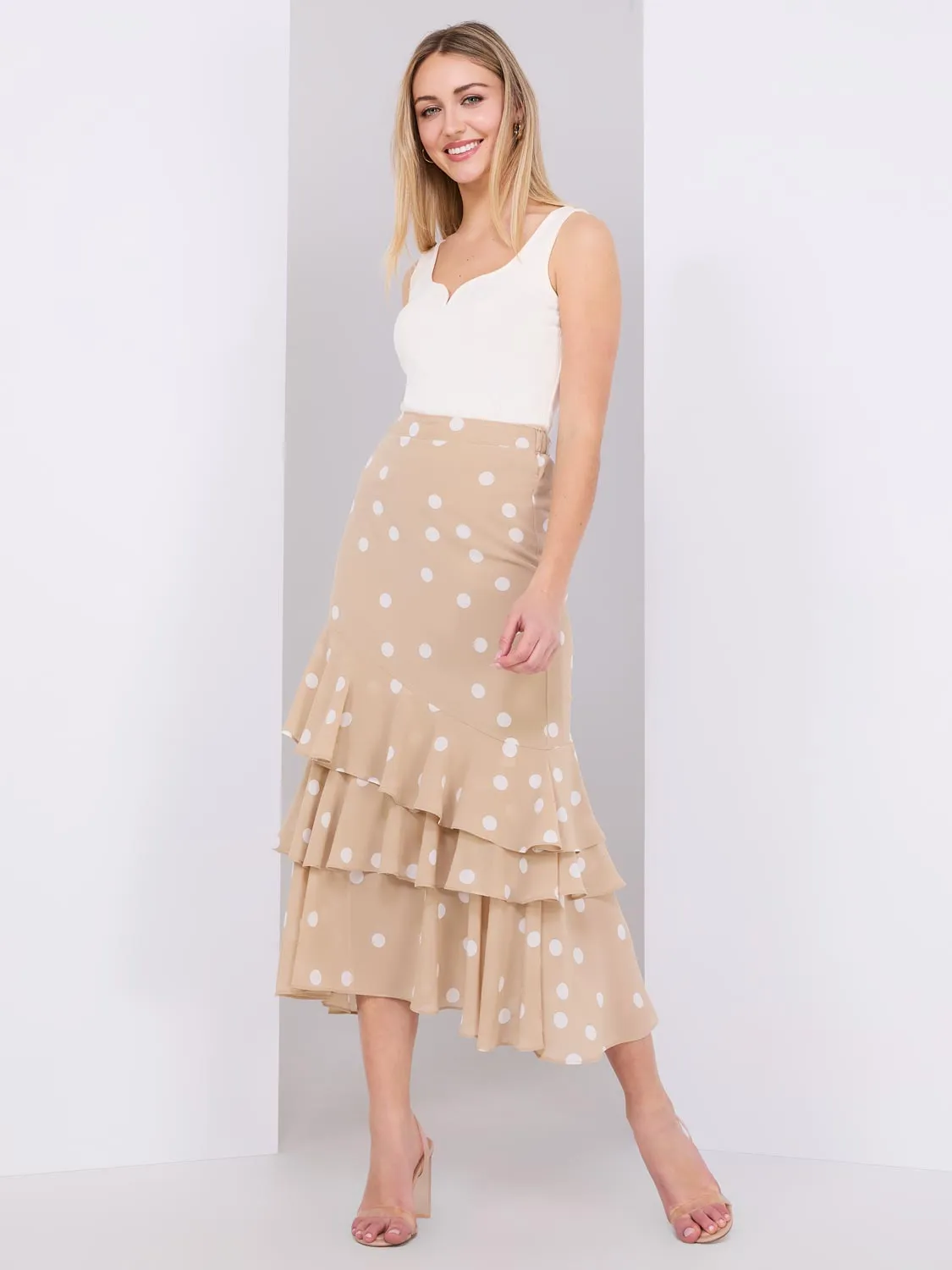 3-Tier Dot Print Chiffon Flounce Skirt | Parallel