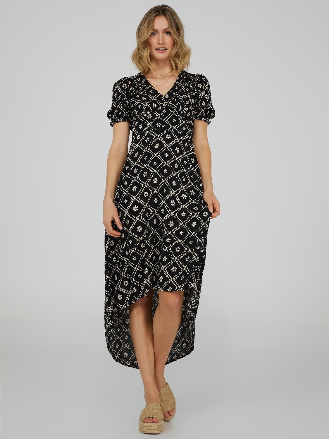 Printed High-Low Dress With Empire Waist sold by Suzy Shier