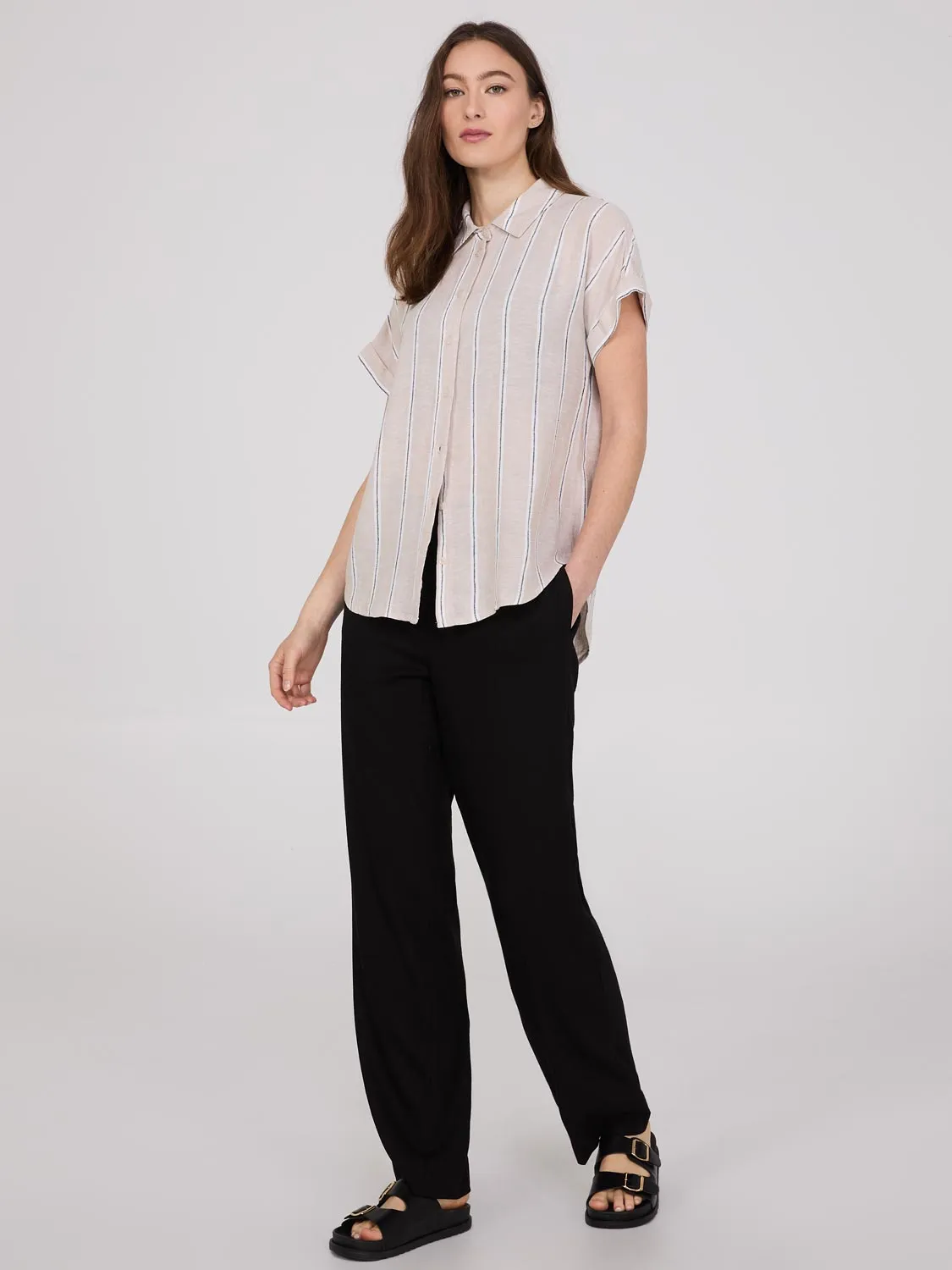 Striped Linen Short Sleeve Blouse sold by Suzy Shier