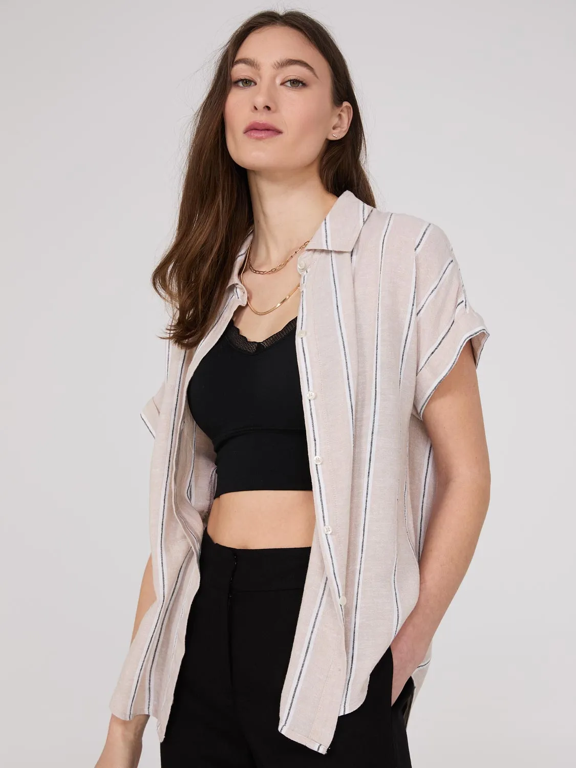 Striped Linen Short Sleeve Blouse sold by Suzy Shier product image thumbnail 2