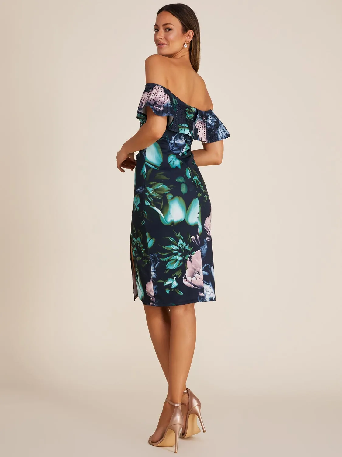 Printed Off-The-Shoulder Midi Sheath Dress With Rhinestone Detail sold by Suzy Shier product image thumbnail 4