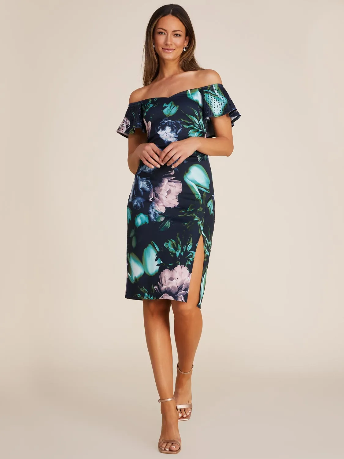 Printed Off-The-Shoulder Midi Sheath Dress With Rhinestone Detail sold by Suzy Shier