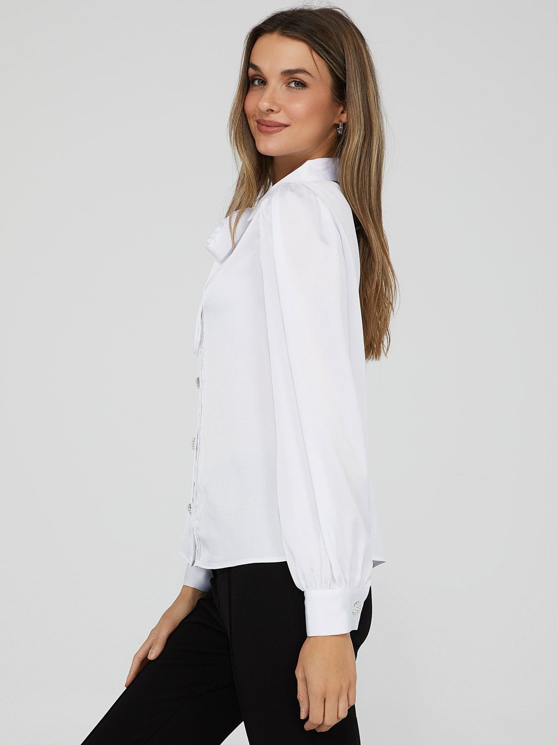 Satin Jewel Button Bow Neck Blouse sold by Suzy Shier product image thumbnail 4