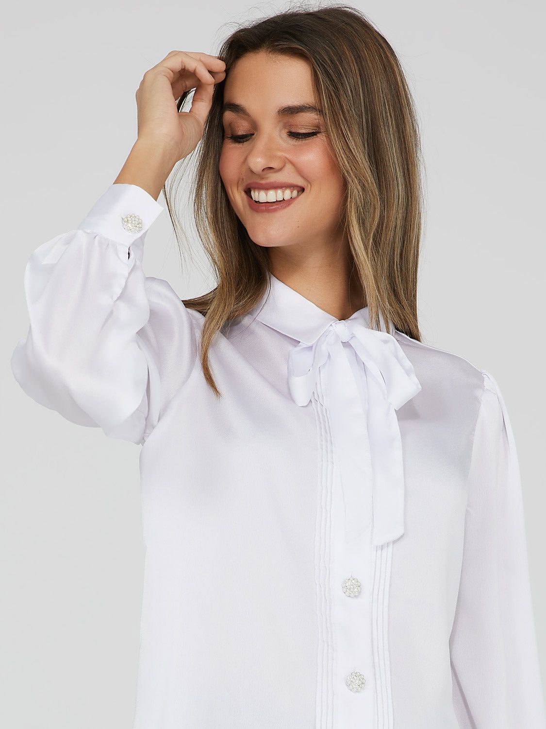 Satin Jewel Button Bow Neck Blouse sold by Suzy Shier product image thumbnail 3