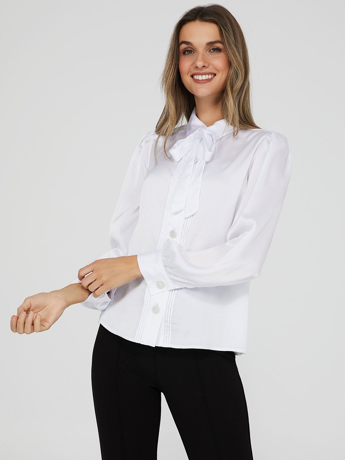 Satin Jewel Button Bow Neck Blouse sold by Suzy Shier