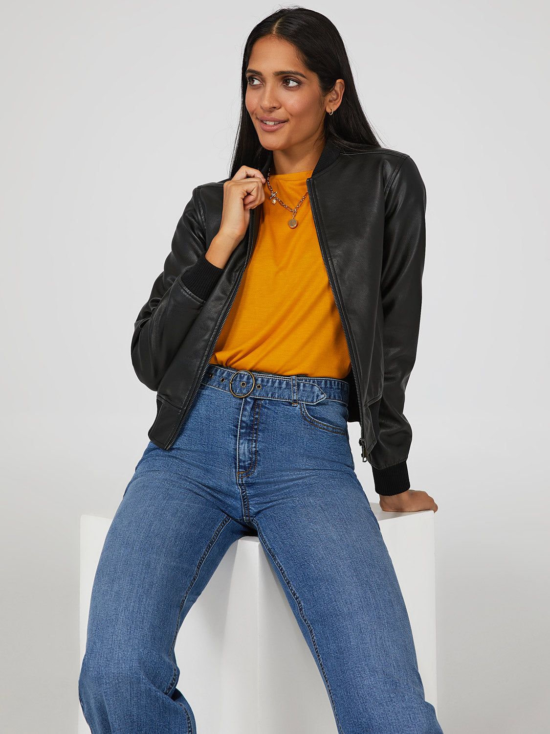 Faux Leather Bomber Jacket sold by Suzy Shier