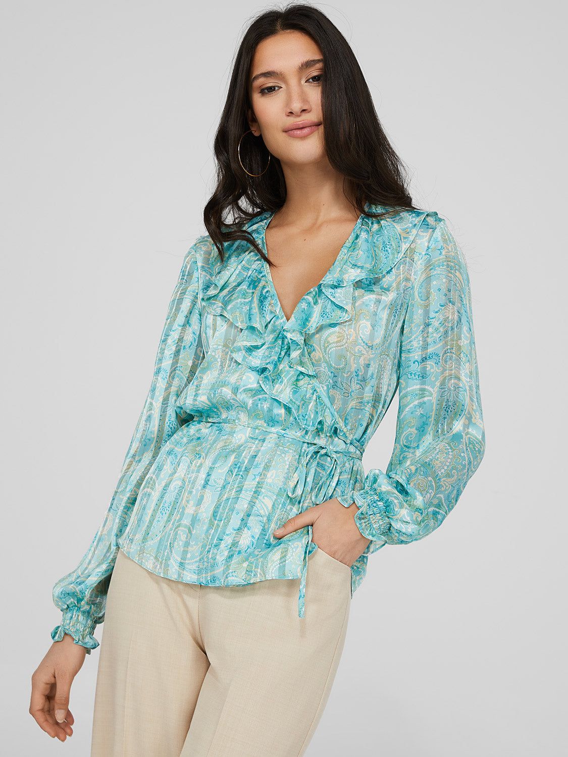 Printed Chiffon Ruffled Wrap Top sold by Suzy Shier