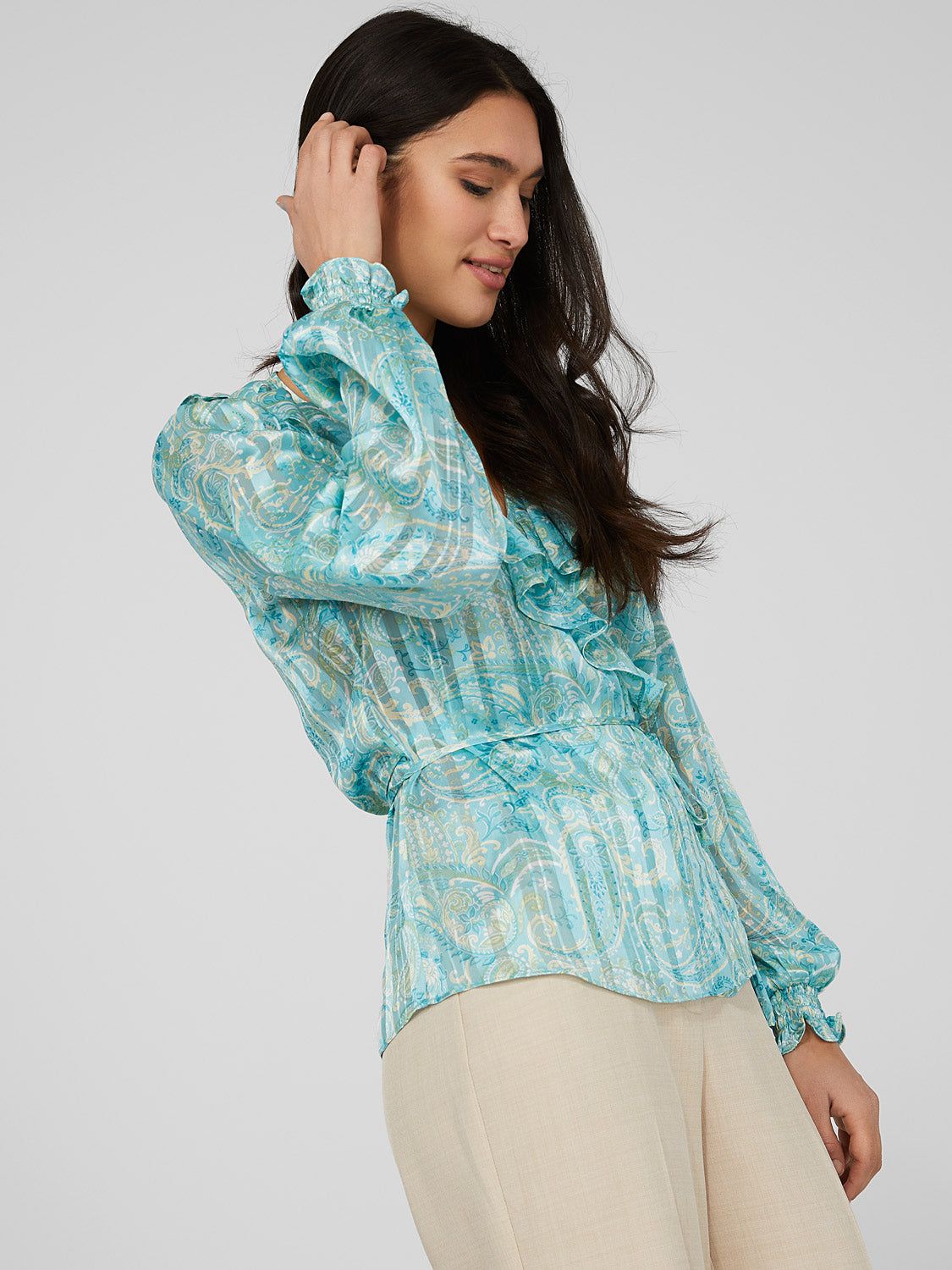 Printed Chiffon Ruffled Wrap Top sold by Suzy Shier product image thumbnail 5