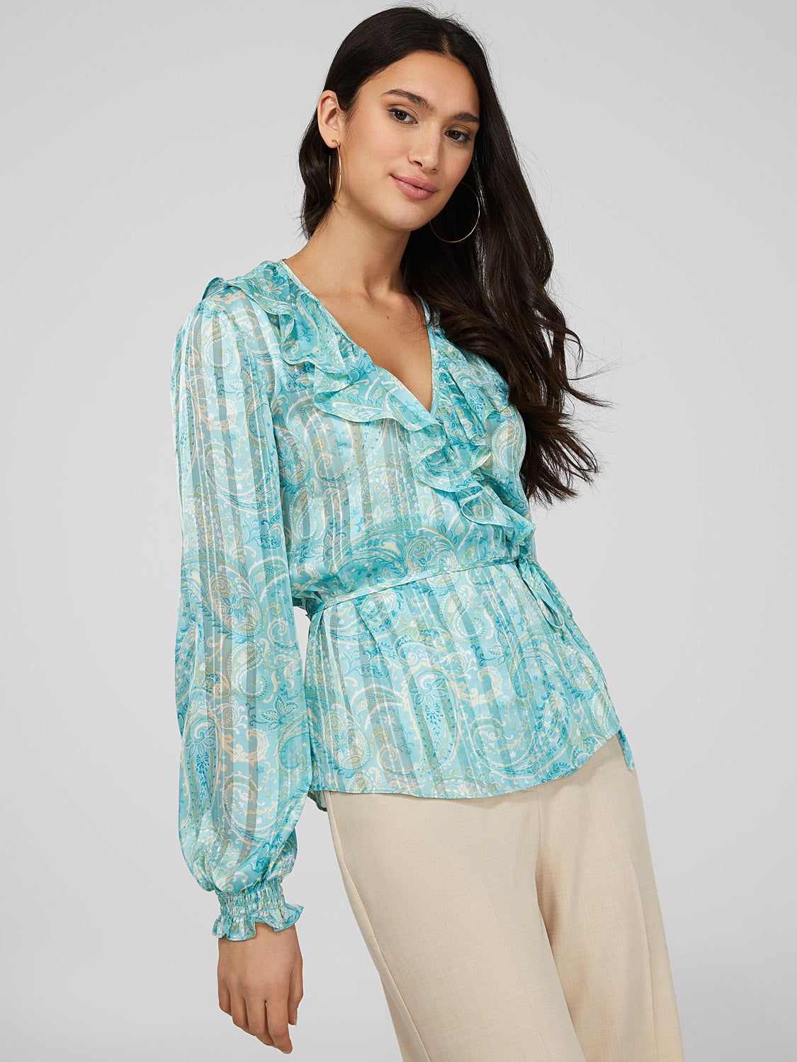 Printed Chiffon Ruffled Wrap Top sold by Suzy Shier product image thumbnail 3