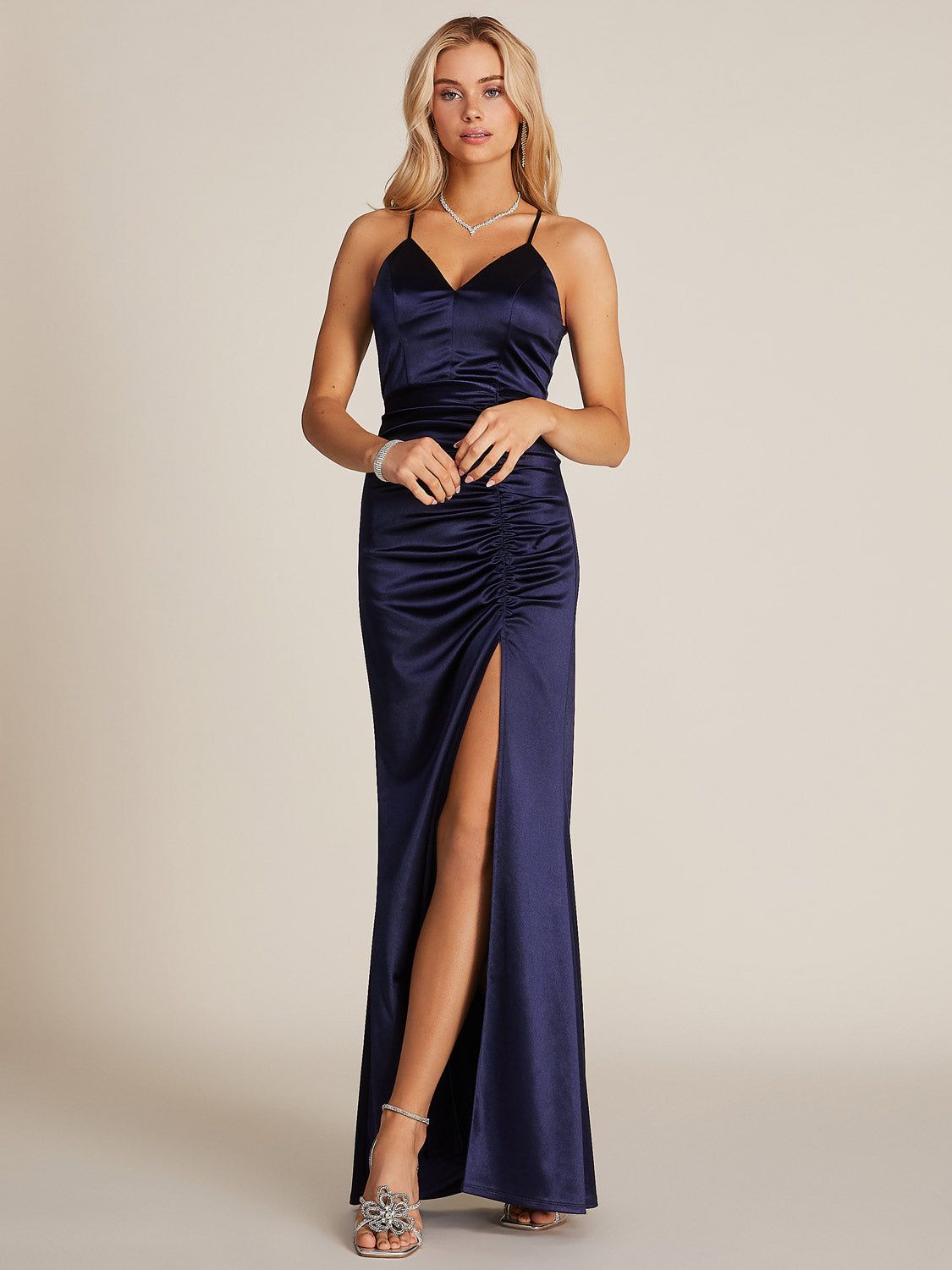 V-Neck Lace-Back Satin Gown sold by Suzy Shier