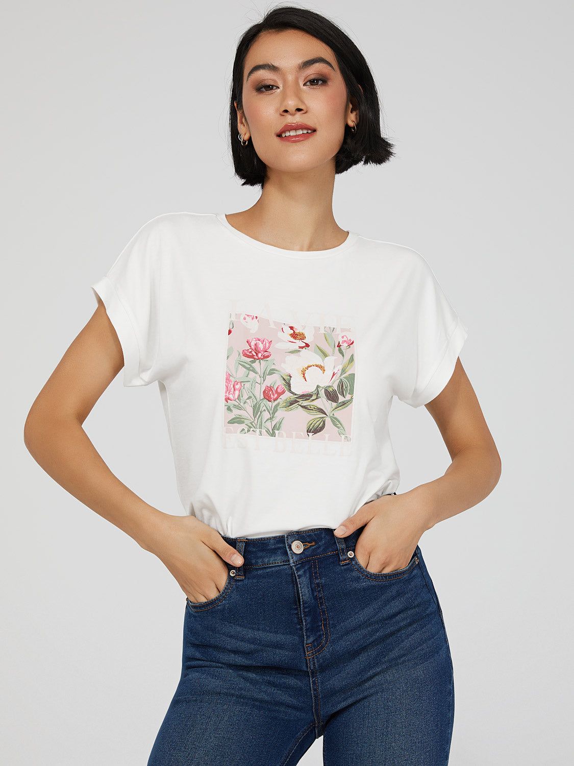 "Life Is Beautiful" Floral Graphic T-Shirt sold by Suzy Shier product image thumbnail 2