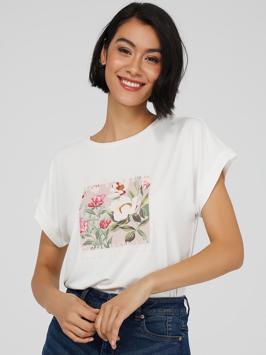 "Life Is Beautiful" Floral Graphic T-Shirt sold by Suzy Shier