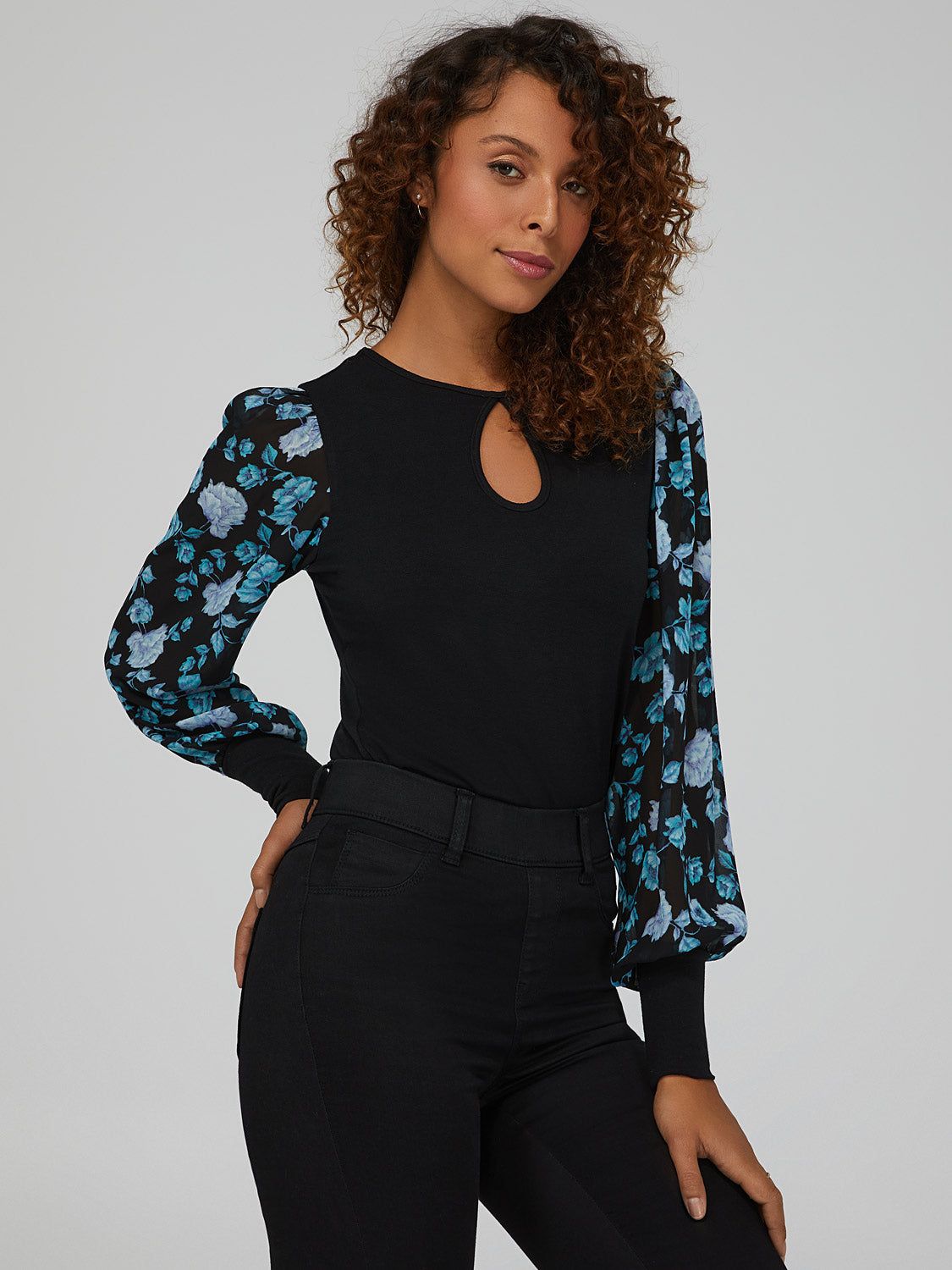 Floral Sleeve Keyhole Front Top sold by Suzy Shier
