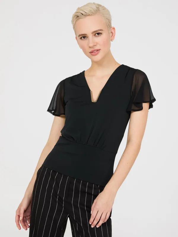 Chiffon Flutter Sleeve Top With Metal Detail sold by Suzy Shier