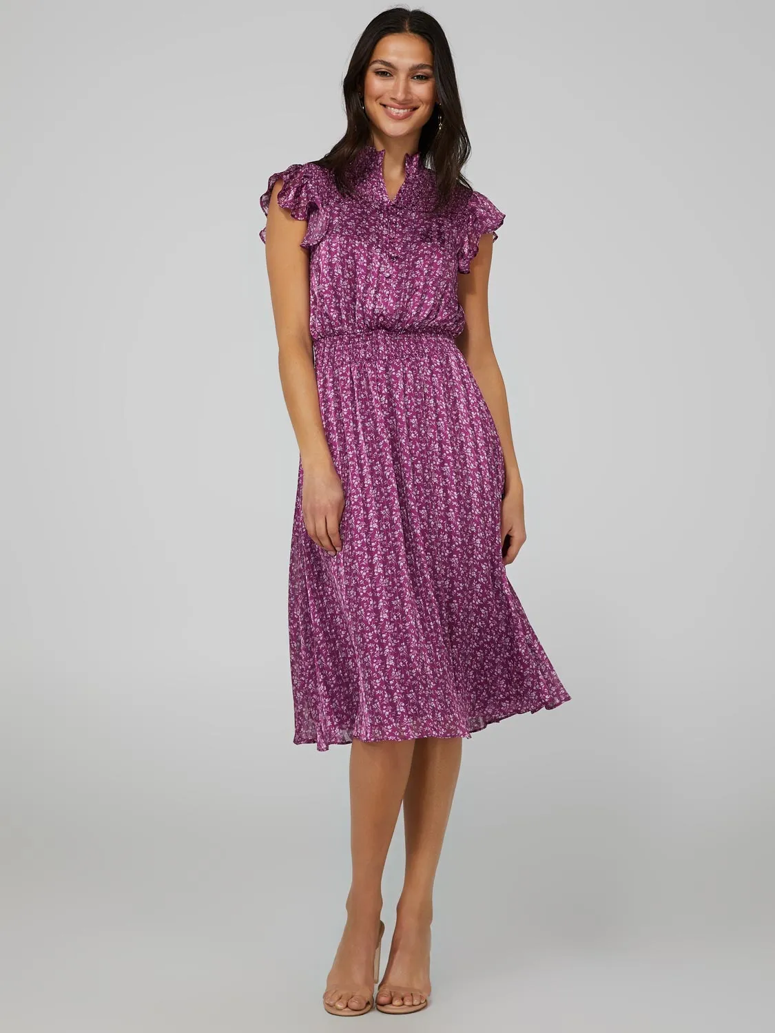 Printed Smocked Midi Dress With Flutter Shoulder sold by Suzy Shier