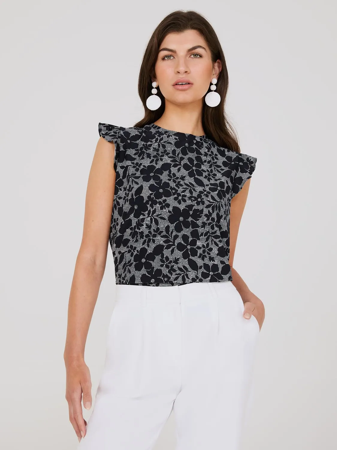 Printed Round Neck Top With Ruffle Details sold by Suzy Shier