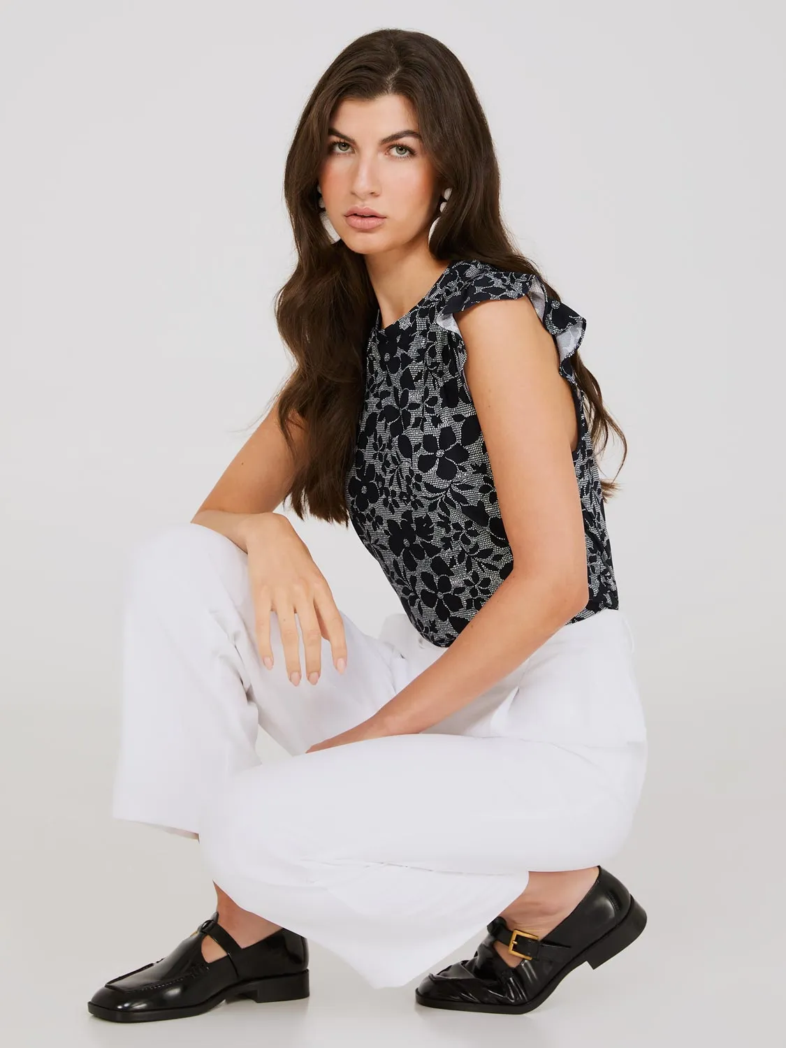 Printed Round Neck Top With Ruffle Details sold by Suzy Shier product image thumbnail 3