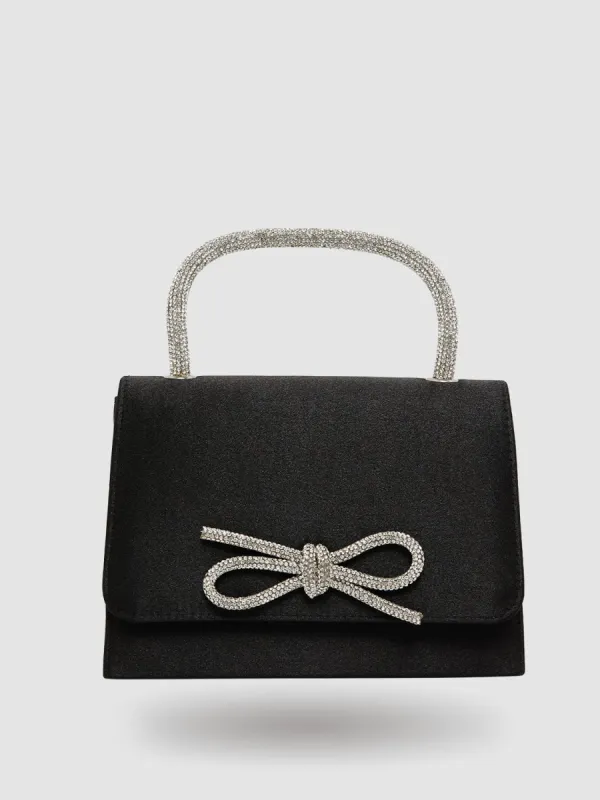 Faux-Suede Flapover Bag With Rhinestone Bow sold by Suzy Shier