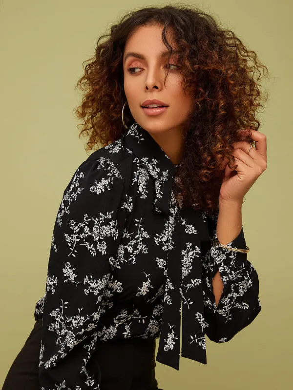 Printed Jewel Button Tie Neck Blouse sold by Suzy Shier