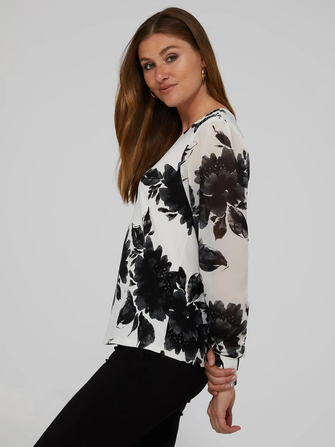 Printed V-Neck Top With Sheer Crepe Chiffon Long Sleeves sold by Suzy Shier product image thumbnail 3