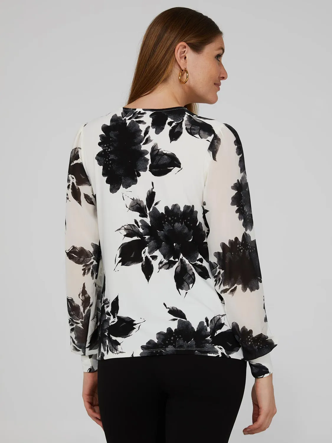 Printed V-Neck Top With Sheer Crepe Chiffon Long Sleeves sold by Suzy Shier product image thumbnail 4