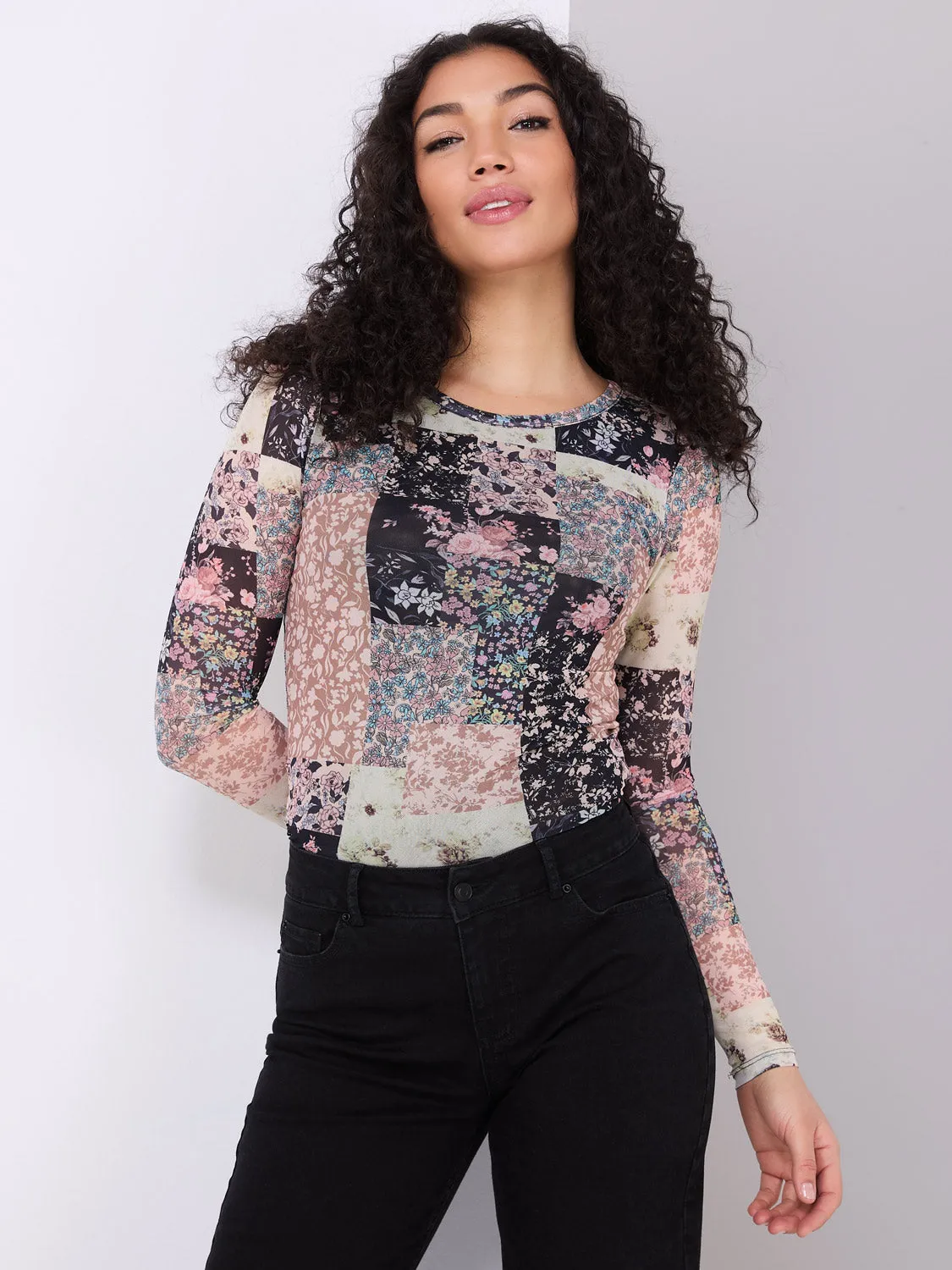 Patchwork Print Mesh Top sold by Suzy Shier product image thumbnail 4