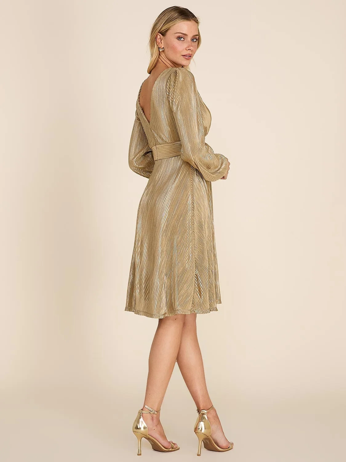 V-Neck Shiny Plissé Fit & Flare Knee Length Dress sold by Suzy Shier product image thumbnail 2