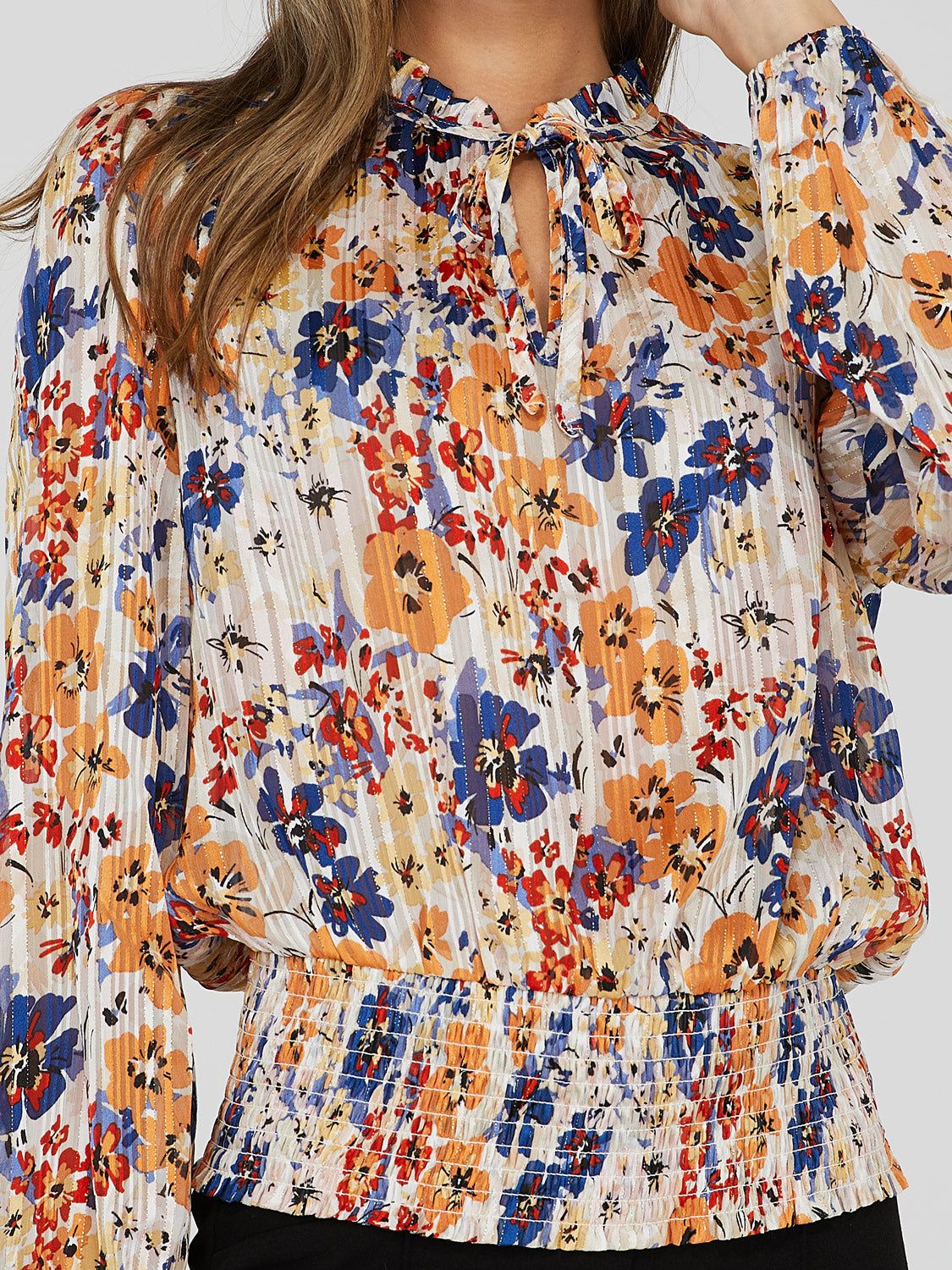 Printed Tie Neck Ruffle Trim Blouse sold by Suzy Shier product image thumbnail 5