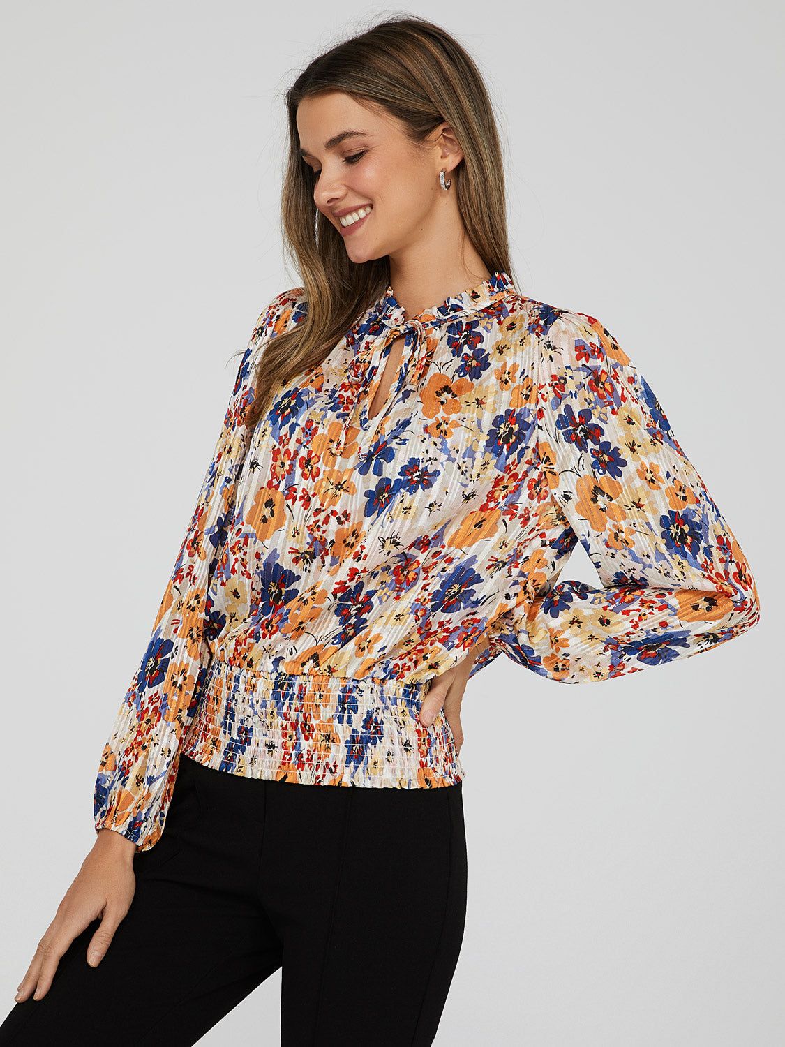 Printed Tie Neck Ruffle Trim Blouse sold by Suzy Shier product image thumbnail 3
