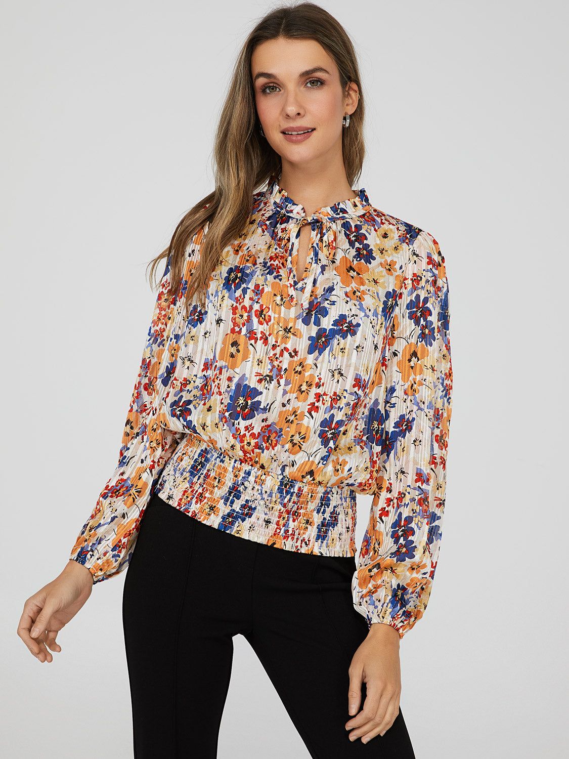 Printed Tie Neck Ruffle Trim Blouse sold by Suzy Shier product image thumbnail 2