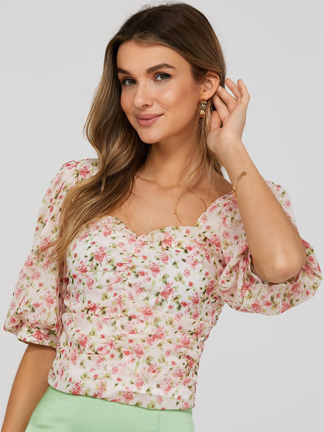 Puff Sleeve Crop Top With Ruched Front sold by Suzy Shier product image thumbnail 3