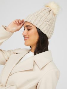 Metallic Beanie With Faux Fur Pom Pom sold by Suzy Shier