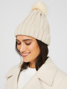 Metallic Beanie With Faux Fur Pom Pom sold by Suzy Shier