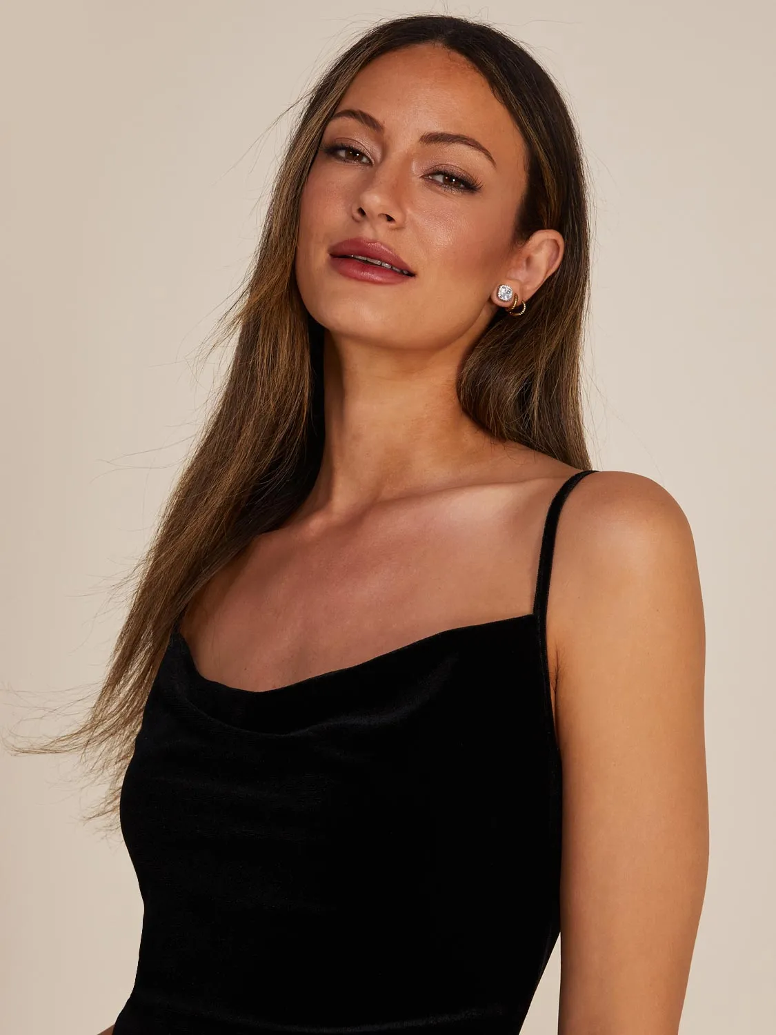 Cowl Neck Velvet Gown With Fringe Hemline sold by Suzy Shier product image thumbnail 3