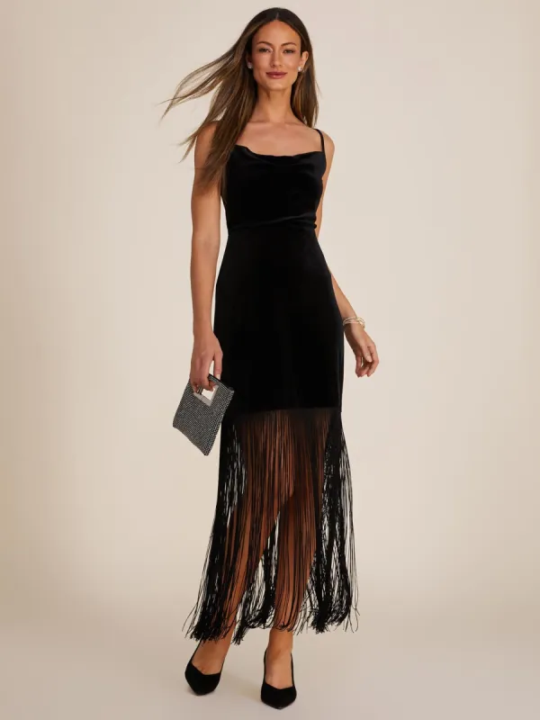 Cowl Neck Velvet Gown With Fringe Hemline made by Suzy Shier