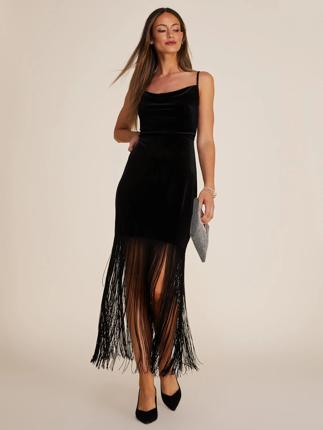 Cowl Neck Velvet Gown With Fringe Hemline sold by Suzy Shier product image thumbnail 2