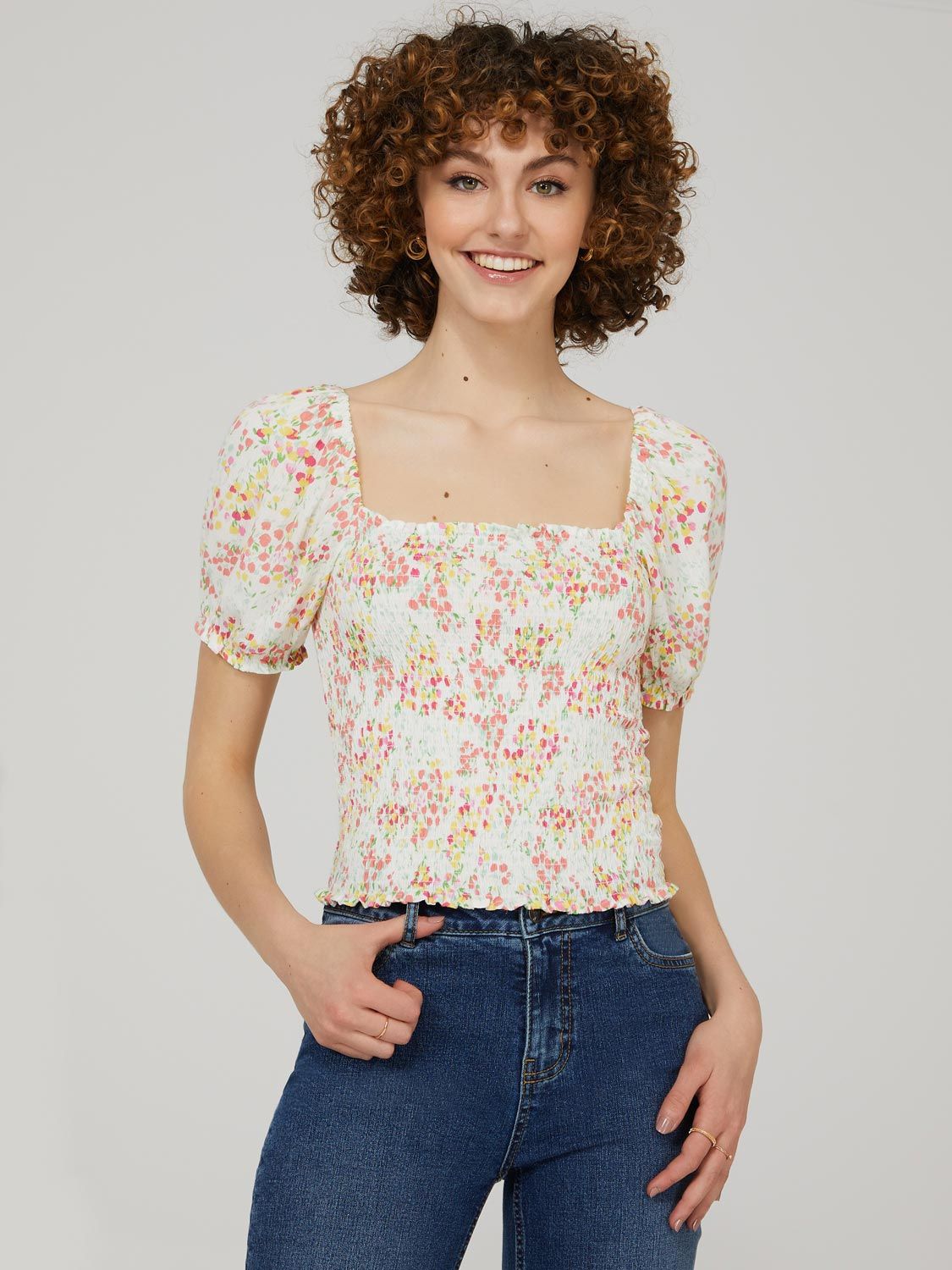 Printed Smocked Square Neck With Puff Sleeves sold by Suzy Shier