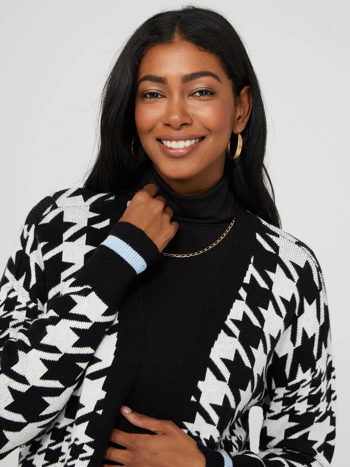 Houndstooth Open Cardigan With Blue Stripe sold by Suzy Shier product image thumbnail 2