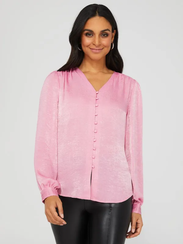 Satin V-Neck Button-Front Blouse sold by Suzy Shier