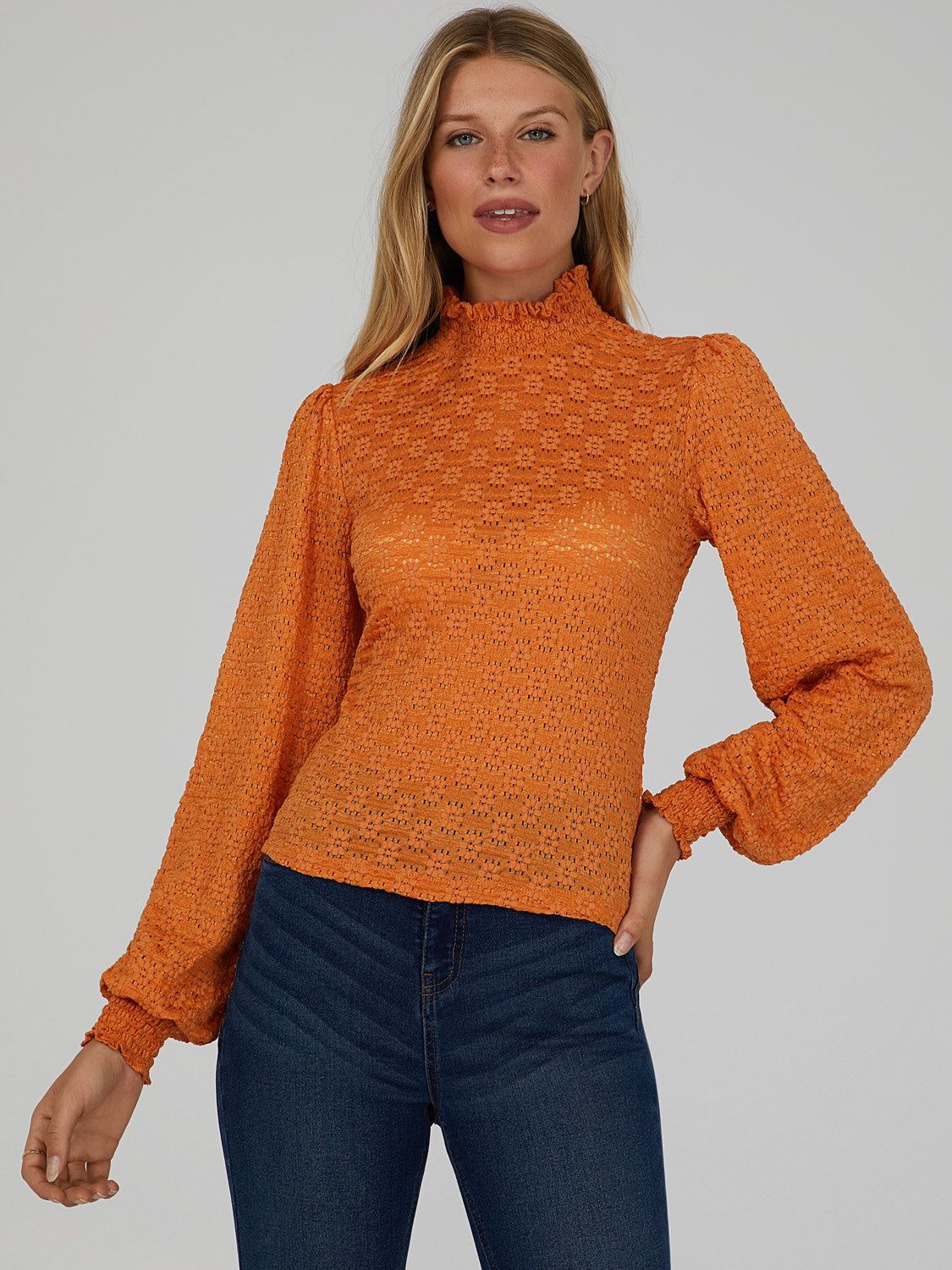 Lace Puff-Sleeve Mock Neck Top sold by Suzy Shier