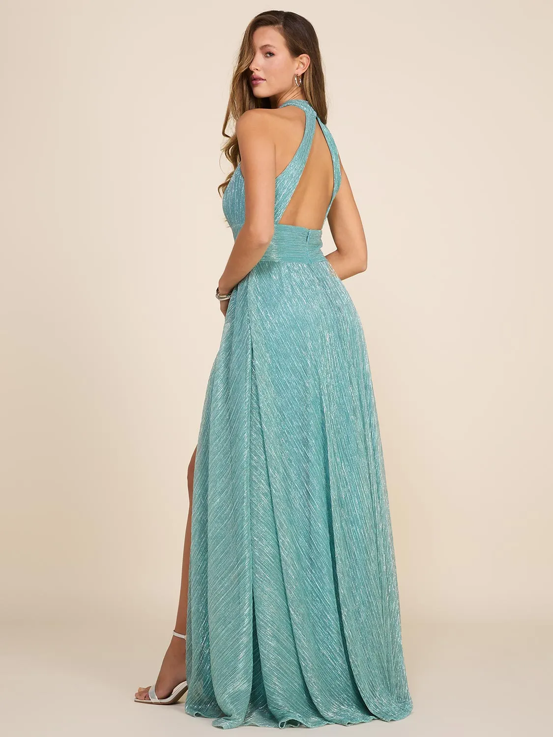 Halter Neck Metallic Crinkle Knit Gown With Open Back sold by Suzy Shier product image thumbnail 5