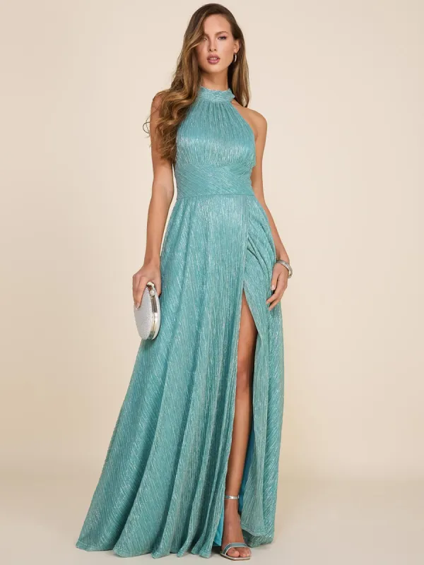 Halter Neck Metallic Crinkle Knit Gown With Open Back sold by Suzy Shier