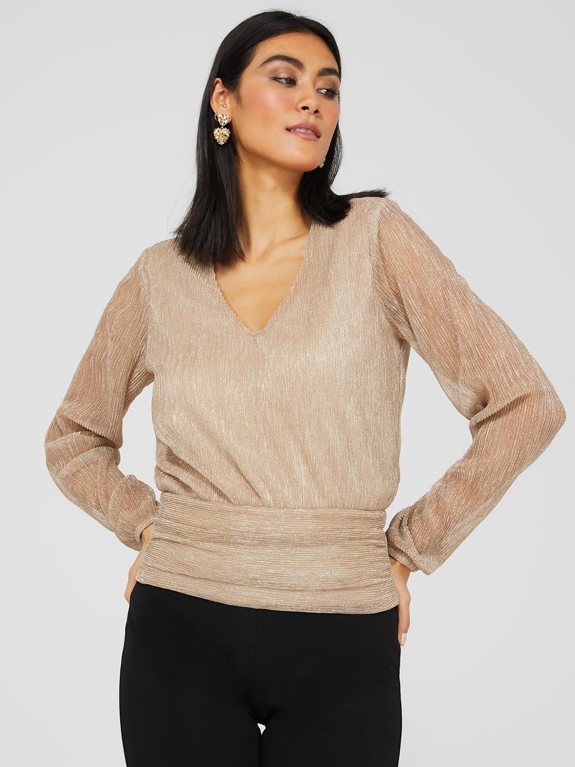 Foil Print Mesh V-Neck Top sold by Suzy Shier