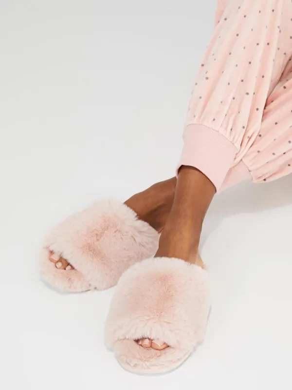 Faux Fur Slipper Slides sold by Suzy Shier